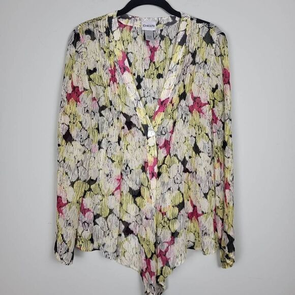 Chicos Womens Size 0 Small Button Front Top Blouse White Black Pink 100% Silk - Picture 1 of 7